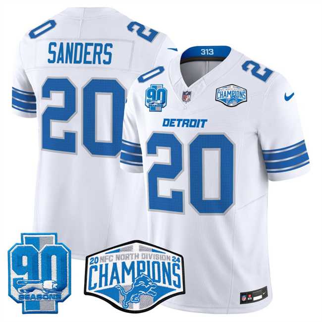 Mens Detroit Lions #20 Barry Sanders White 2024 NFC North Champions 90th Anniversary Patch F.U.S.E. Vapor Limited Stitched Jersey